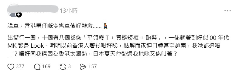 事主發帖表達了對本港男士穿搭的不滿,並直言「香港男仔嘅穿搭真係好難救」,甚至認為打扮水平已遠遠落後於日韓及越南等地。 事主發帖表達了對本港男士穿搭的不滿,並直言「香港男仔嘅穿搭真係好難救」,甚至認為打扮水平已遠遠落後於日韓及越南等地。