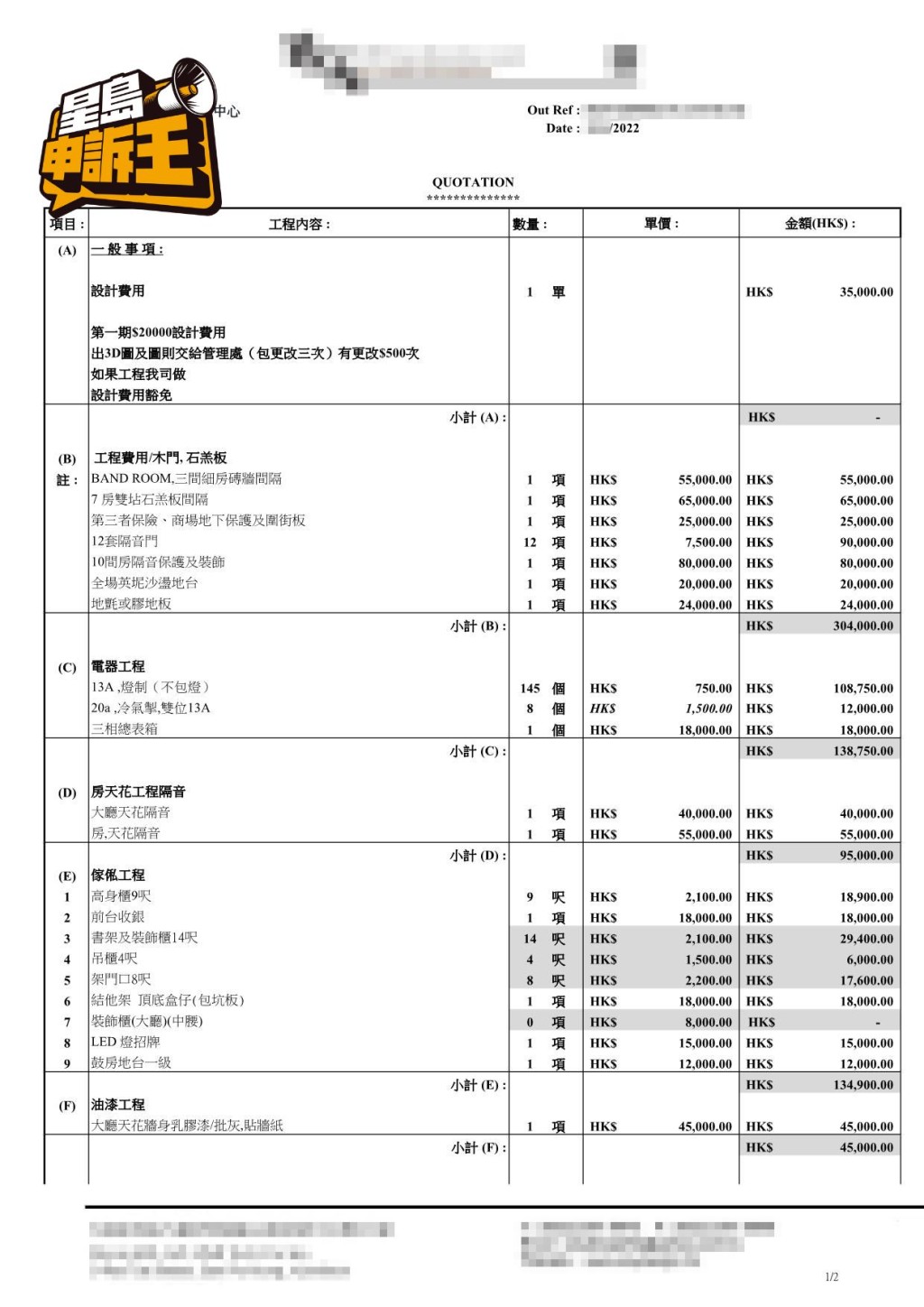 查閱合約，音樂中心共裝設12度隔音門，每度7500元，總價9萬元。另有房天花工程隔音，總價9萬5千元。