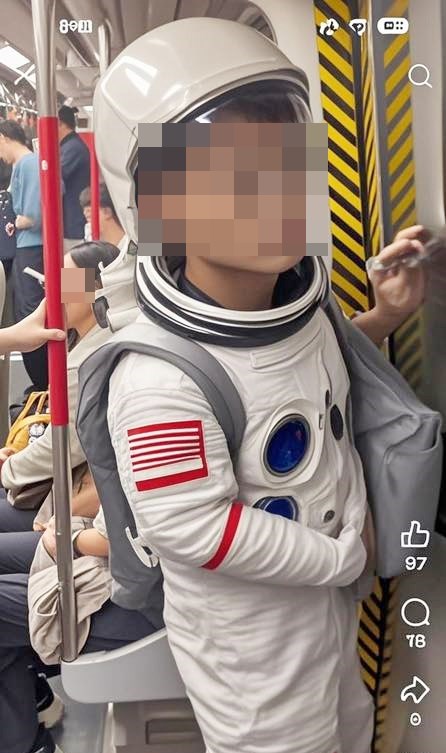 有網民則笑說「又一個上左太空了!」,還 有人惡搞改圖,給片中青年變裝成太空人。fb「香港突發事故報料區及討論區」截圖 有網民則笑說「又一個上左太空了!」,還 有人惡搞改圖,給片中青年變裝成太空人。fb「香港突發事故報料區及討論區」截圖