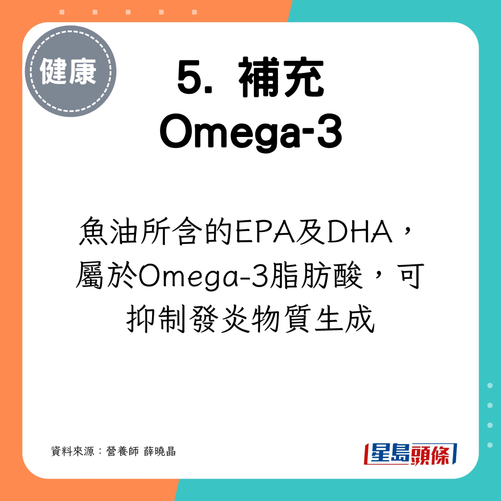 魚油所含的EPA及DHA，屬於Omega-3脂肪酸，可抑制發炎物質生成