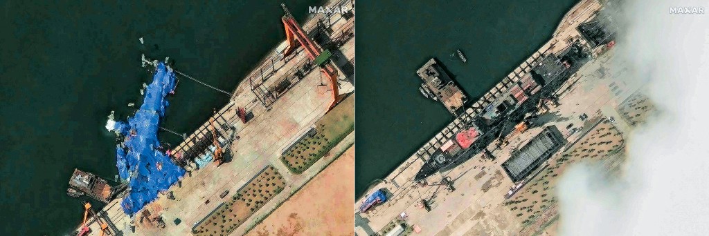 衛星圖片顯示北韓一艘新軍艦在本月18日(右)及23日(下水事故發生後)的情況。