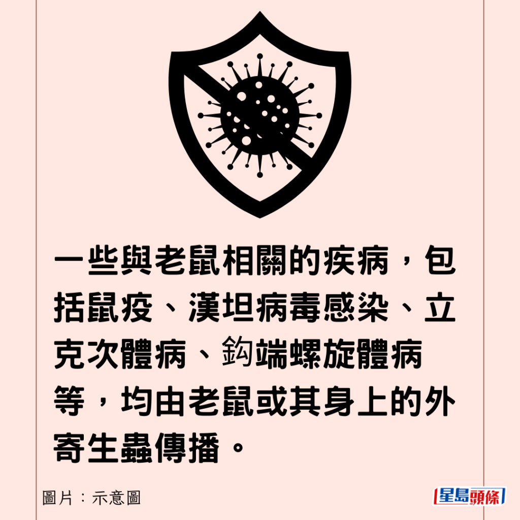 一些与老鼠相关的疾病，包括鼠疫、汉坦病毒感染、立克次体病、鈎端螺旋体病等，均由老鼠或其身上的外寄生虫传播。