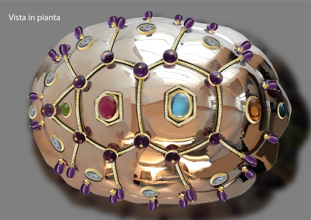 Francesco Vezzoli Tortue de Soirée,鑲嵌多顆紫水晶、凸圓形切割紅碧璽、橄欖石、黃水晶及托帕石,並飾以9枚古希臘銀幣。《ITALIANS》聯展 Francesco Vezzoli Tortue de Soirée,鑲嵌多顆紫水晶、凸圓形切割紅碧璽、橄欖石、黃水晶及托帕石,並飾以9枚古希臘銀幣。《ITALIANS》聯展