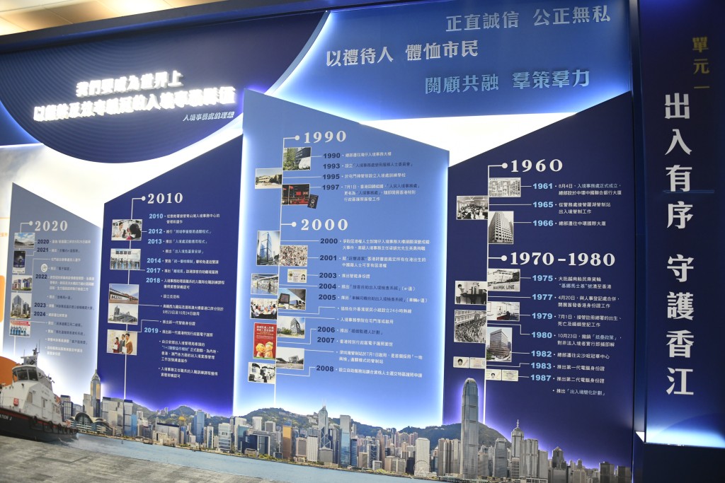 《使命》展示館分為三個主要單元,包括介紹處方多年來在出入境上的工作里程碑及守護國家南大門重要使命的「出入有序‧守護香江」展區。 《使命》展示館分為三個主要單元,包括介紹處方多年來在出入境上的工作里程碑及守護國家南大門重要使命的「出入有序‧守護香江」展區。