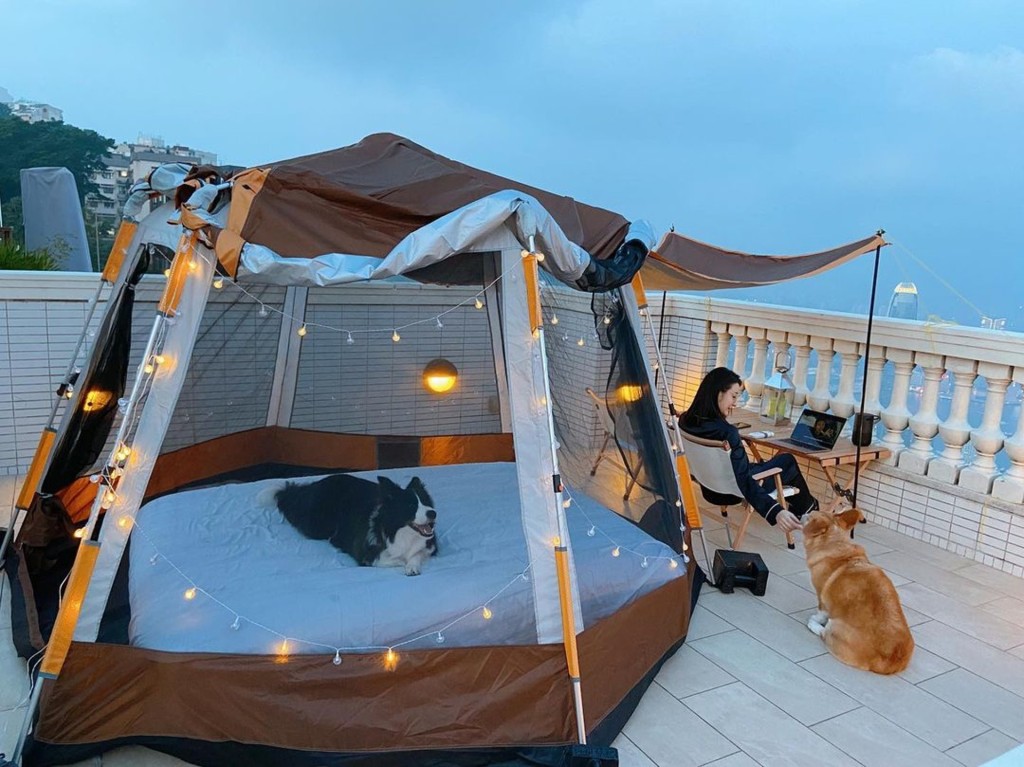 林夏薇在豪宅天台搭帳篷露營。
