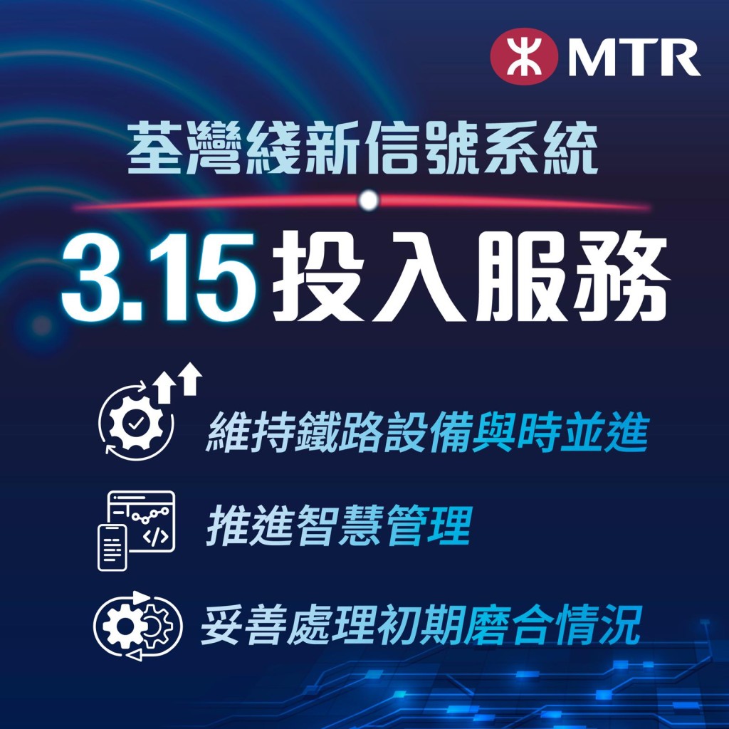 明早(3月15日)自头班车起会使用新信号系统行车,并将维持当日的正常列车班次。 明早(3月15日)自头班车起会使用新信号系统行车,并将维持当日的正常列车班次。