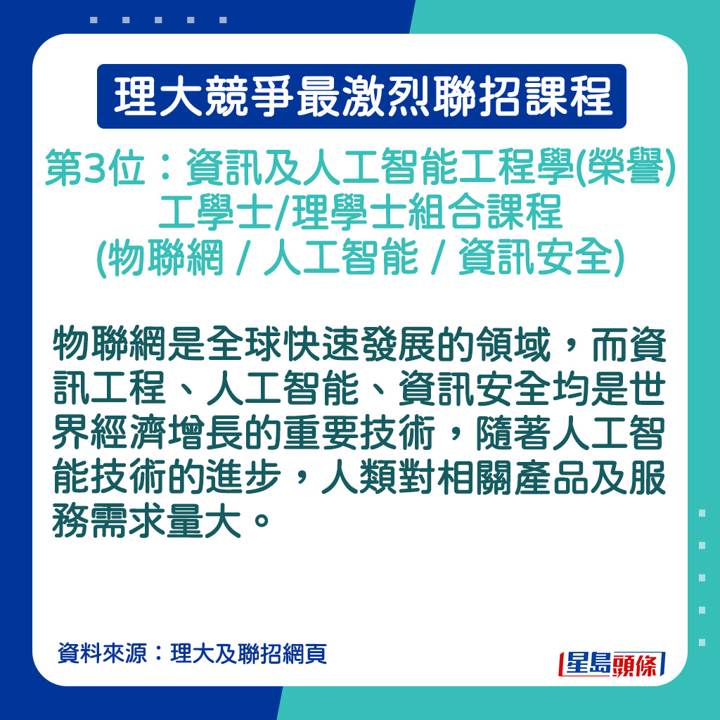 資訊及人工智能工程學(榮譽)工學士/理學士組合課程 (物聯網 / 人工智能 / 資訊安全)的課程簡介。