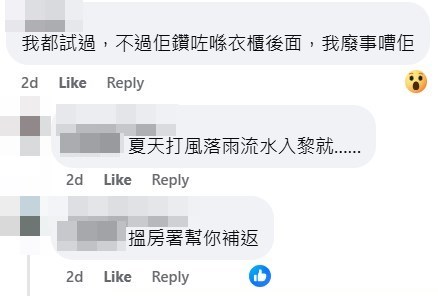 網民：我都試過，不過佢鑽咗喺衣櫃後面，我費事嘈佢。fb「友愛邨吹水區」截圖