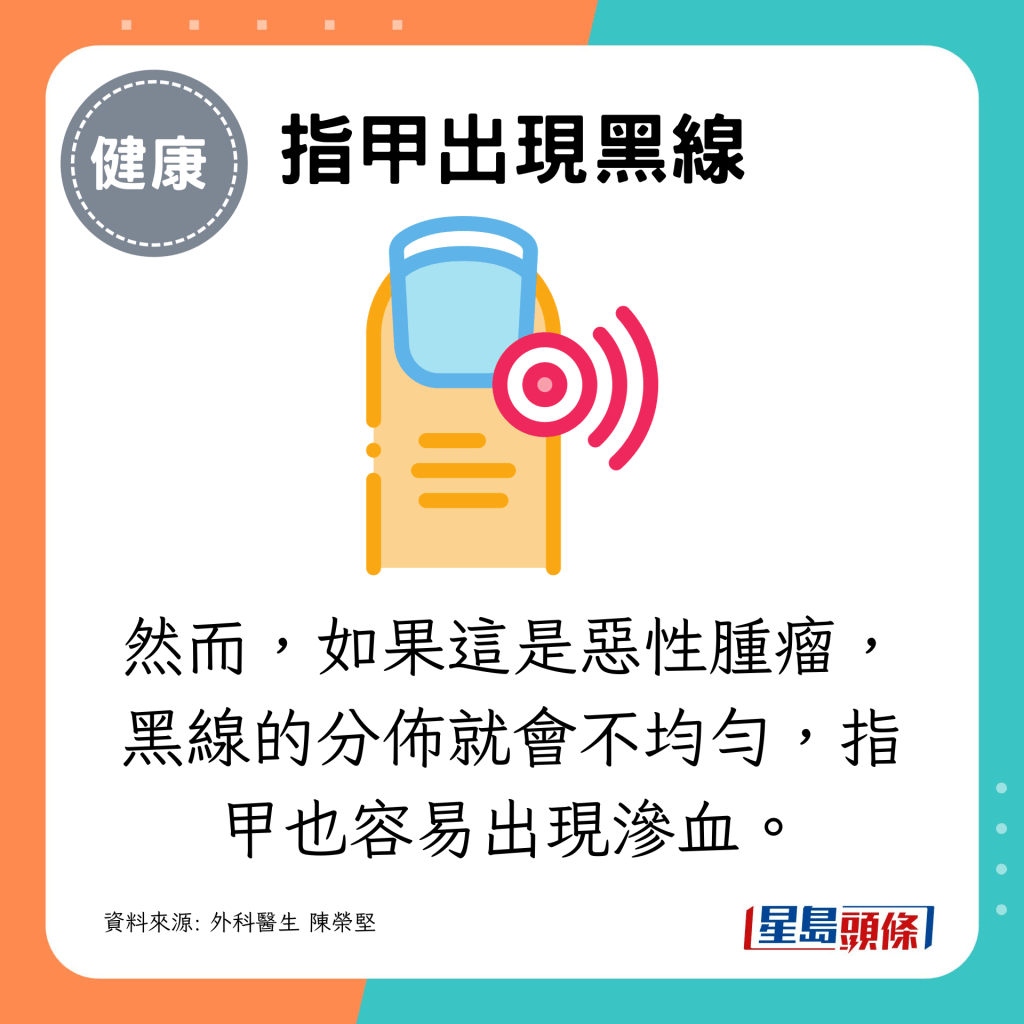 然而,如果這是惡性腫瘤,黑線的分佈就會不均勻,指甲也容易出現滲血。