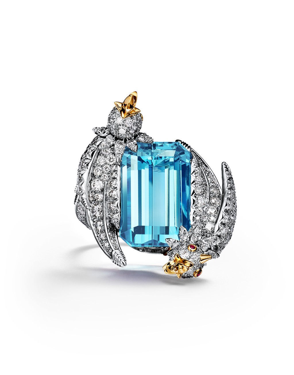 Bird on a Rock海蓝宝石镶钻石指环。（Tiffany & Co.）