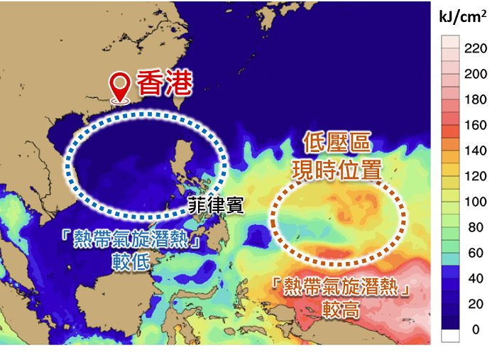 图二：低压区现时（4月9日）所在的菲律宾以东海域的「热带气旋潜热」较高（橙圈示），有利热带气旋发展；而南海的「热带气旋潜热」较低（蓝圈示），不利热带气旋发展。天文台图片