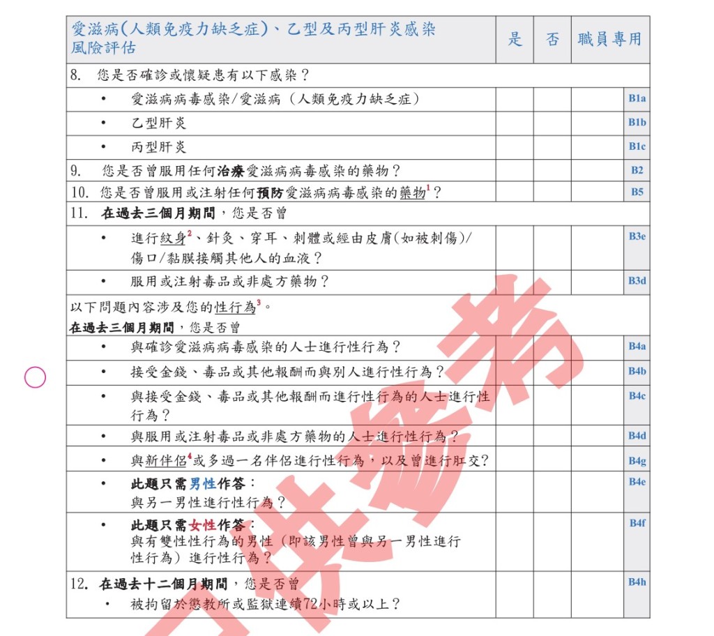 「捐血登記表格樣本」在「愛滋病、乙型及丙型肝炎感染風險評估」當中新增問題。 「捐血登記表格樣本」在「愛滋病、乙型及丙型肝炎感染風險評估」當中新增問題。