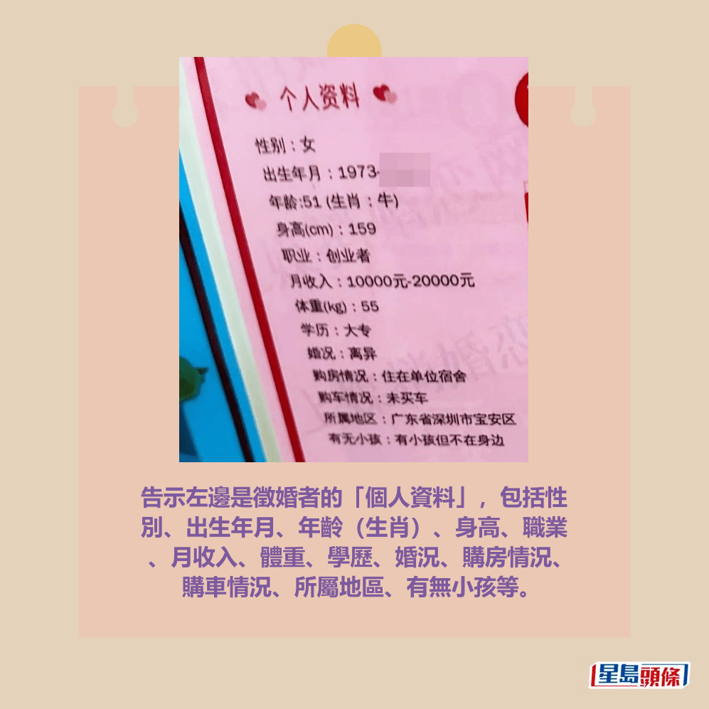 告示左邊是徵婚者的「個人資料」，包括性 別、出生年月、年齡（生肖）、身高、職業 、月收入、體重、學歷、婚況、購房情況、 購車情況、所屬地區、有無小孩等。Threads截圖