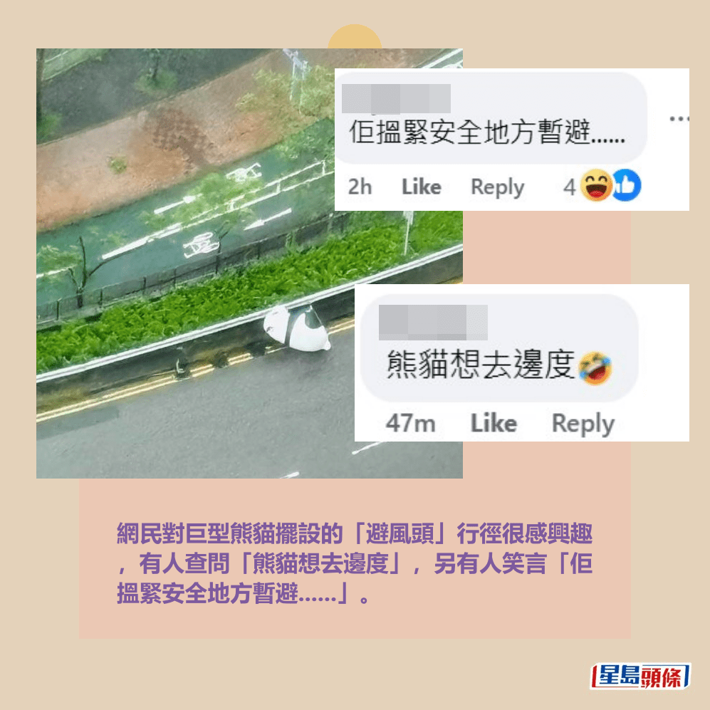 網民對巨型熊貓擺設的「避風頭」行徑很感興趣 ，有人查問「熊貓想去邊度」，另有人笑言「佢 搵緊安全地方暫避......」。fb「將軍澳主場」截圖