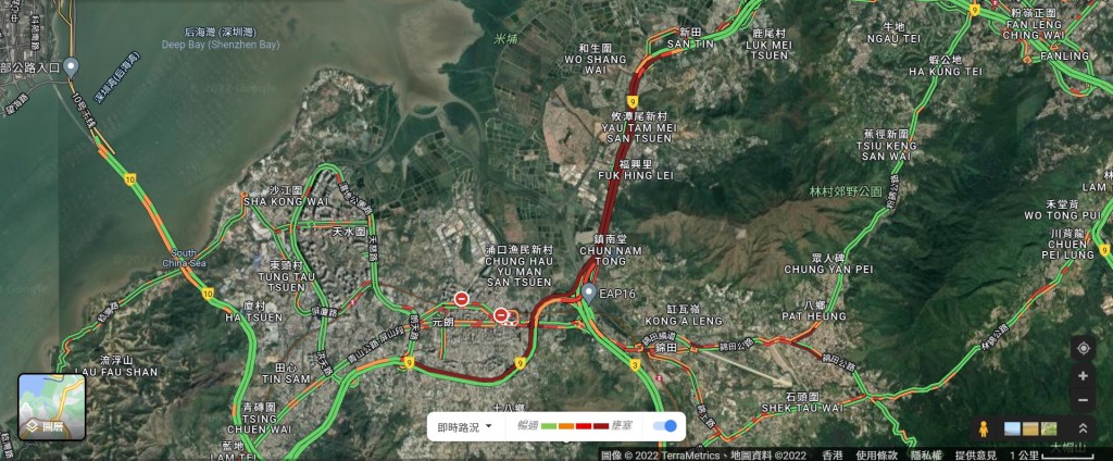 新田公路及元朗公路交通非常挤塞。Google地图