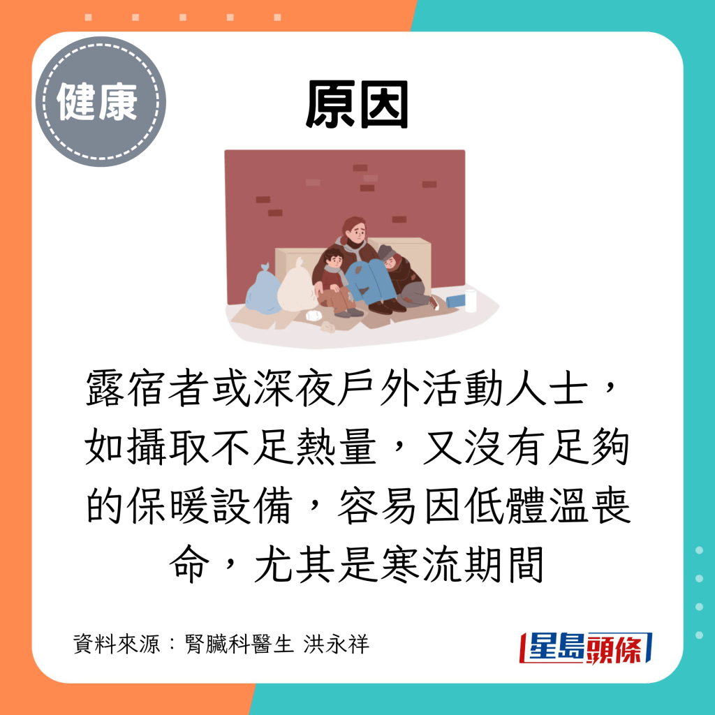 露宿者或深夜户外活动人士，如摄取不足热量，又没有足够的保暖设备，容易因低体温丧命，尤其是寒流期间