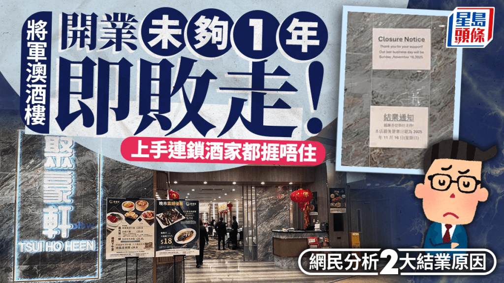 將軍澳酒樓開業不足一年突結業！上手連鎖酒家同樣敗走 網民分析2大執笠原因