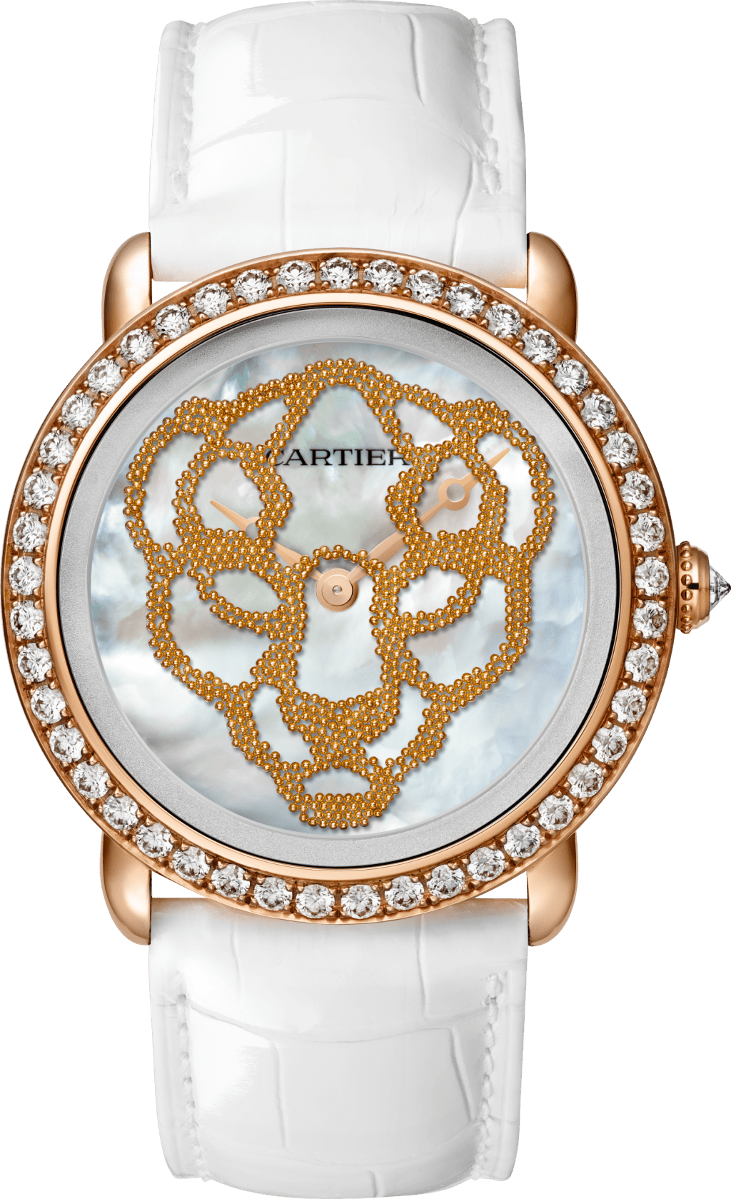 Révélation d'une Panthère系列37亳米18K玫瑰金腕表，搭載430 MC型手動上鏈機械機芯，白色珍珠母貝表盤，美洲豹金珠裝飾，蘋果形金色精鋼指針，珍珠白亮面鱷魚皮表帶。限量二十枚，附獨立編號。（$ 895,000）