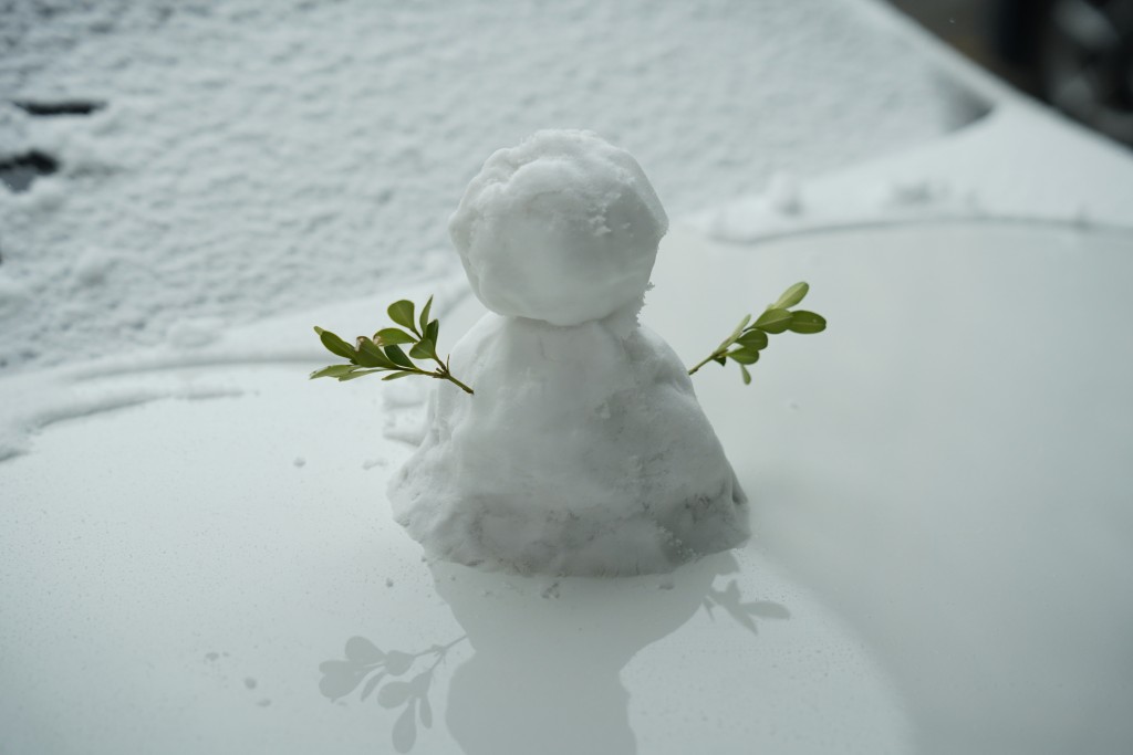 民眾在車上砌了小雪人。（微博）