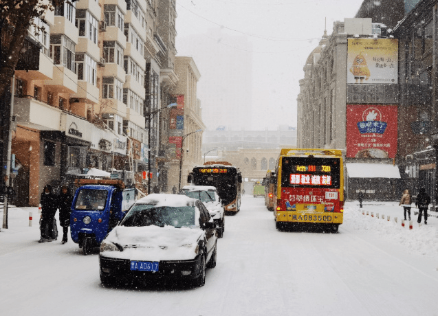 黑龙江省下起大雪，街道车辆满是积雪。