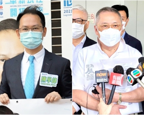 民建聯陳學鋒（左）報名參選港島西選舉，自由黨主席張宇人（右）報名參加飲食界功能組別選舉。