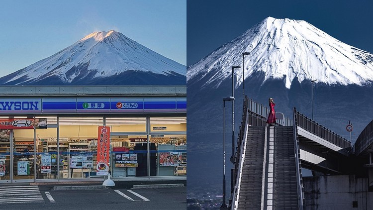 繼富士河口湖町的LAWSON便利店（左）後，靜岡縣富士市的夢之大橋也成為遊客拍攝富士山的打卡熱點。