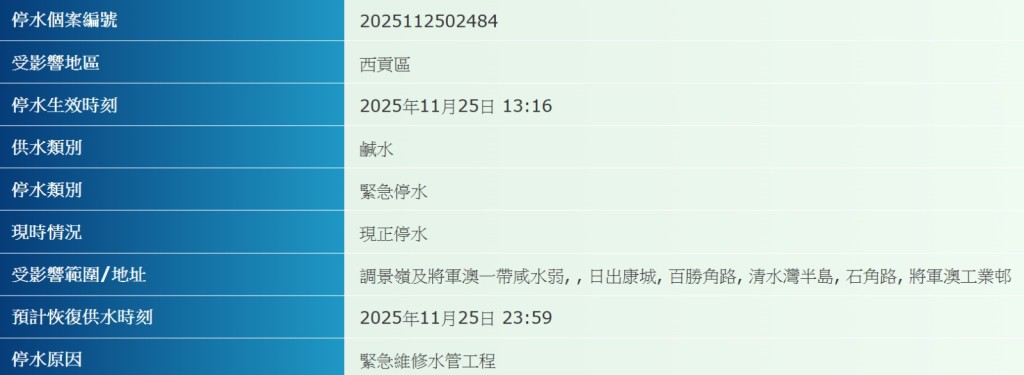 將軍澳多區鹹水供應受影響。水務署網頁