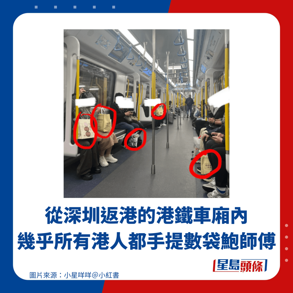 從深圳返港的港鐵車廂內 幾乎所有港人都手提數袋鮑師傅