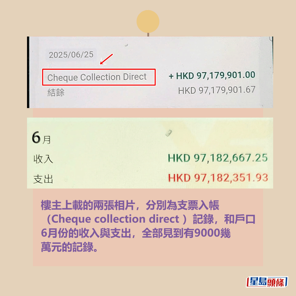樓主上載的兩張相片,分別為支票入帳 (Cheque collection direct )記錄,和戶口 6月份的收入與支出,全部見到有9000幾 萬元的記錄。Threads截圖 樓主上載的兩張相片,分別為支票入帳 (Cheque collection direct )記錄,和戶口 6月份的收入與支出,全部見到有9000幾 萬元的記錄。Threads截圖