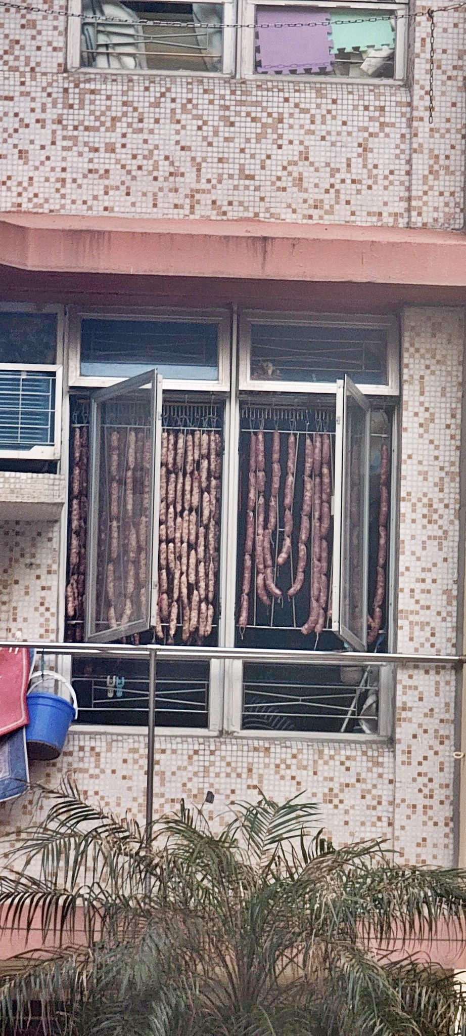 壯觀的臘腸窗簾。（「香港突發事故報料區」fb圖片）