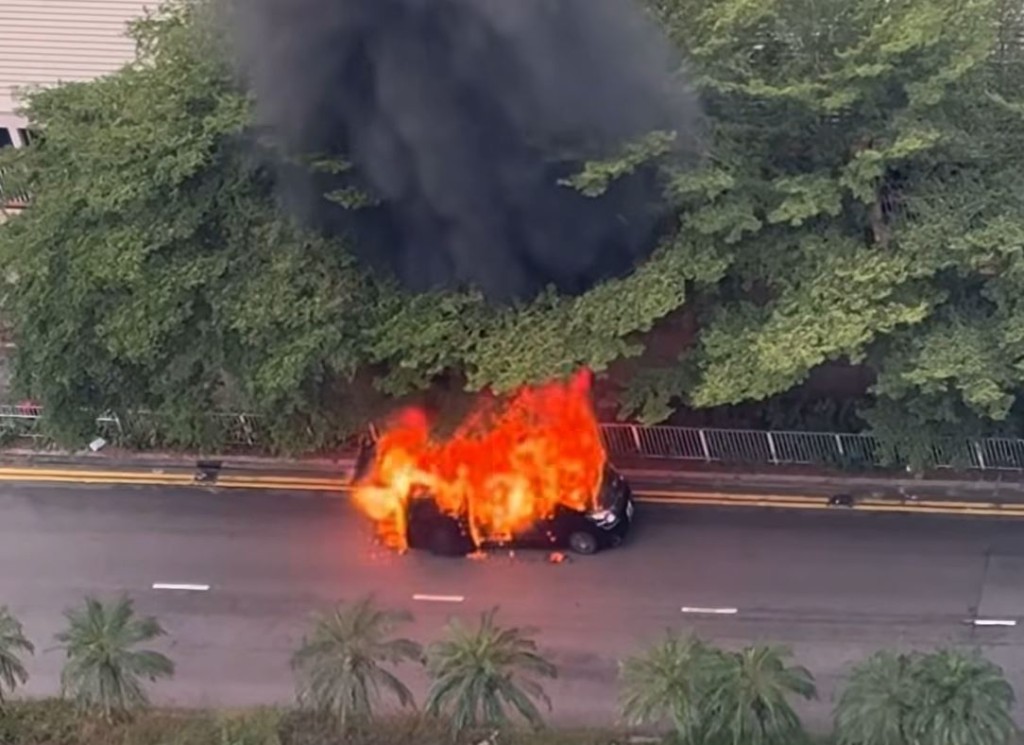 七人車起火焚燒，並傳出爆炸聲。fb車cam L（香港群組）影片截圖