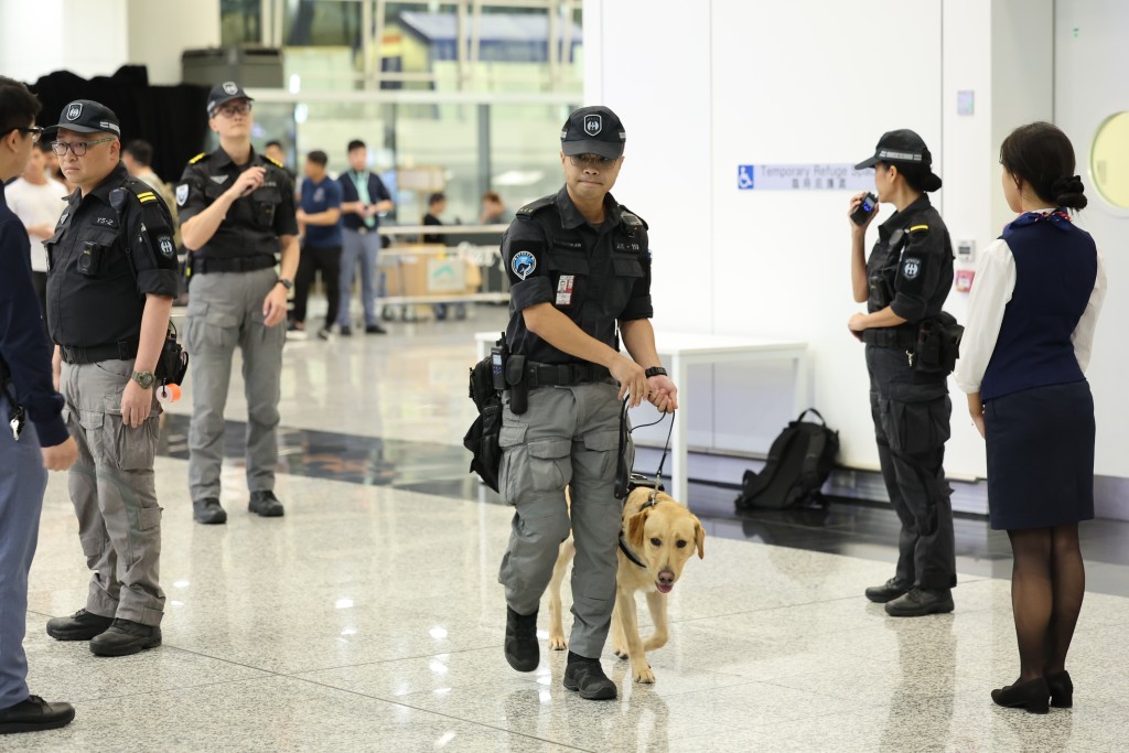 機場保安有限公司機場保安犬隻行動小組人員及搜索犬進行搜查工作。政府新聞處