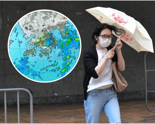 天文台指驟雨持續影響香港以東海域,並在未來一兩小時移向本港。小圖為天文台圖片