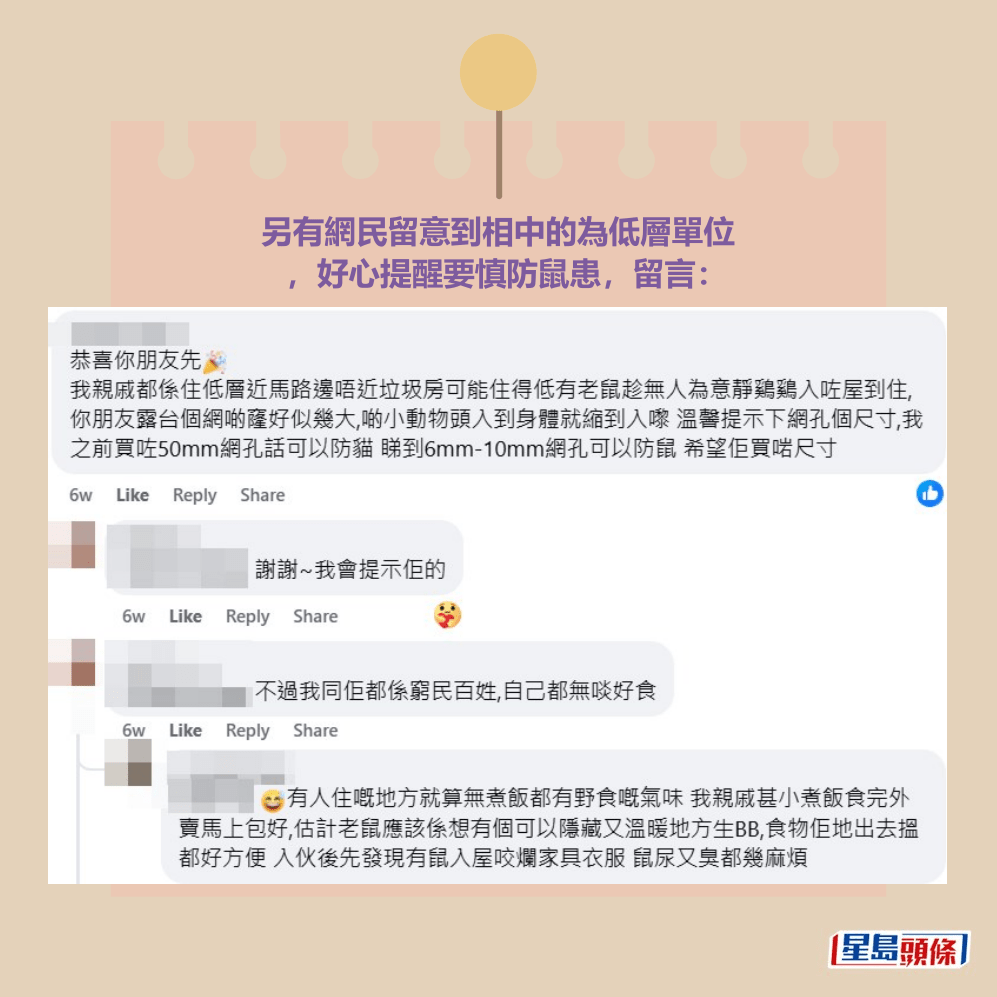 另有網民留意到相中的為低層單位 ，好心提醒要慎防鼠患，留言：fb「公屋討論區 - 香港facebook群組」截圖