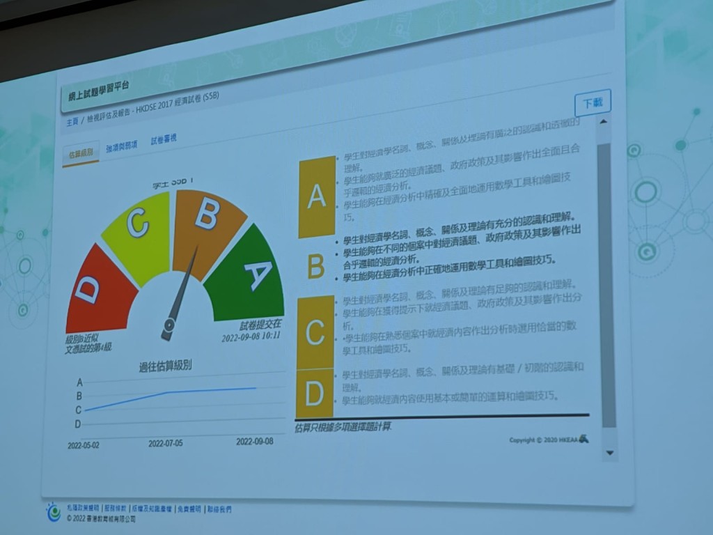 蕭偉樂表示，學生的個人報告會顯示其整體表現，評級為A至D級，對應近似文憑試的第5級至第2級或以下。