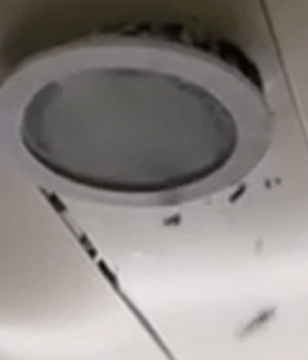 樓下樓板突被鑿穿，情況駭人。(HUMA LO＠Youtube影片截圖)