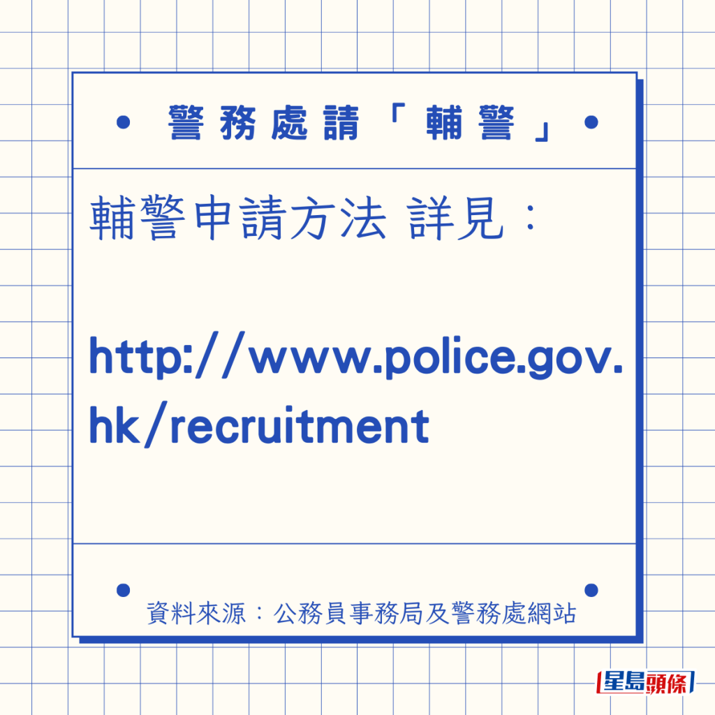 輔警申請方法 可瀏覽： http://www.police.gov.hk/recruitment