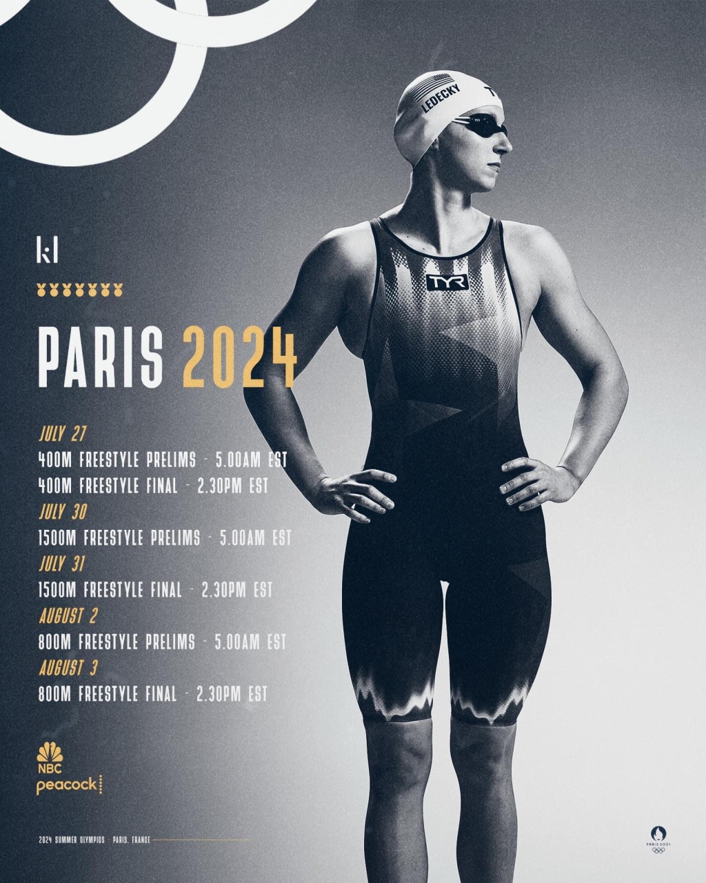 列迪姬（Katie Ledecky）在巴黎奥运共参加4个项目，若800米自由式夺牌将进一步破纪录。 facebook