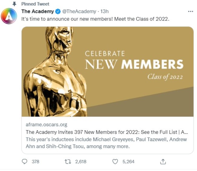 舉辦奧斯卡金像獎頒獎禮的美國影藝學院，公佈最新會員名單。