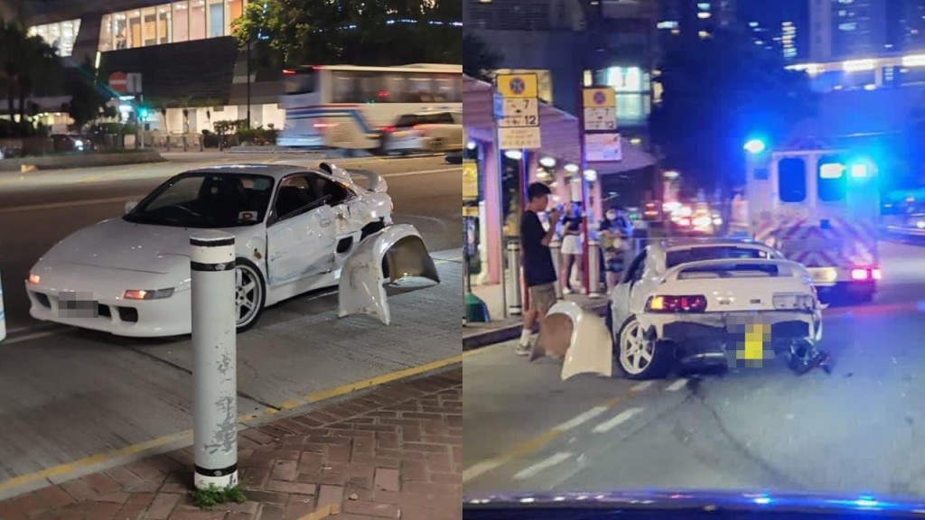 屯門MR2撞城巴掃毀鐵欄 19歲P牌男司機頸痛送院。車cam L（香港群組）FB