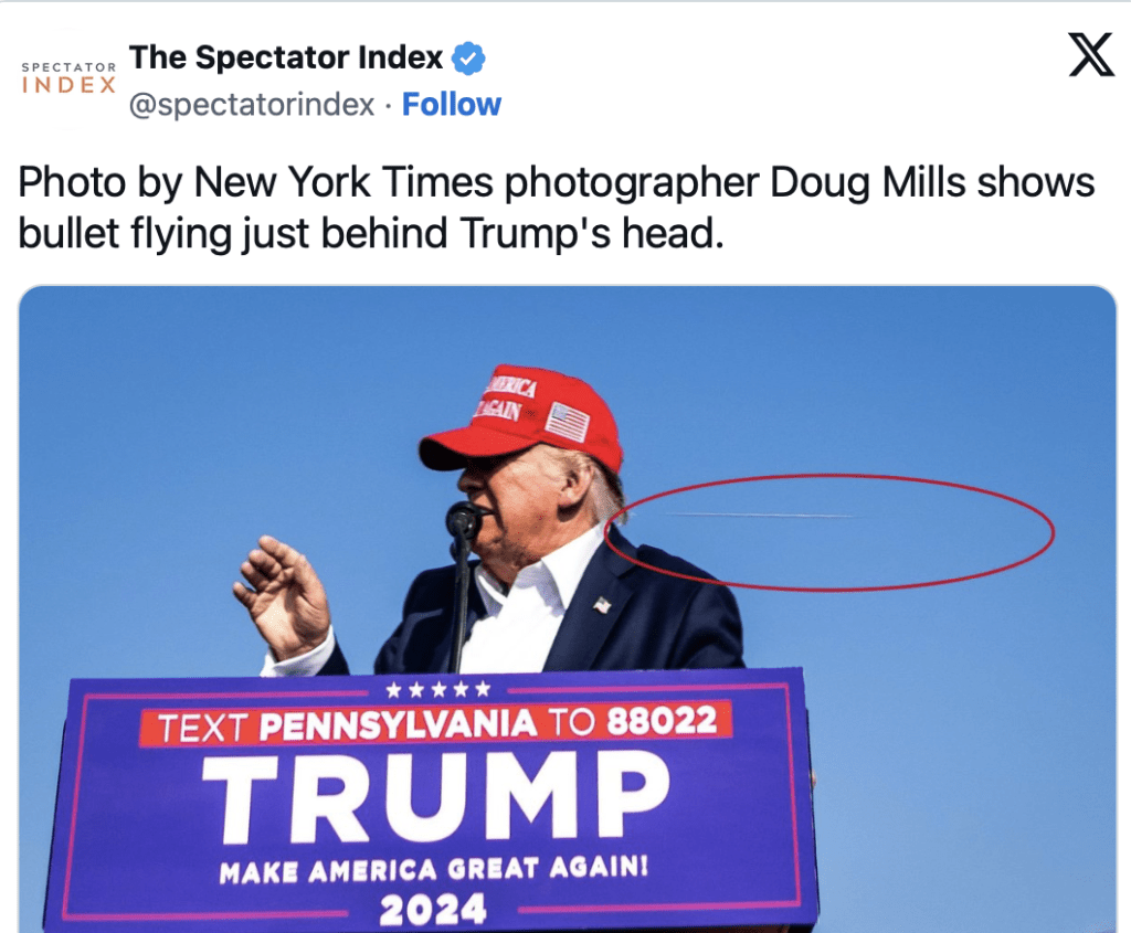 《纽约时报》（The New York Times）资深摄影记者米尔斯（Doug Mills）疑似拍到子弹在特朗普头部附近呼啸而过的震撼画面。社交平台X截图