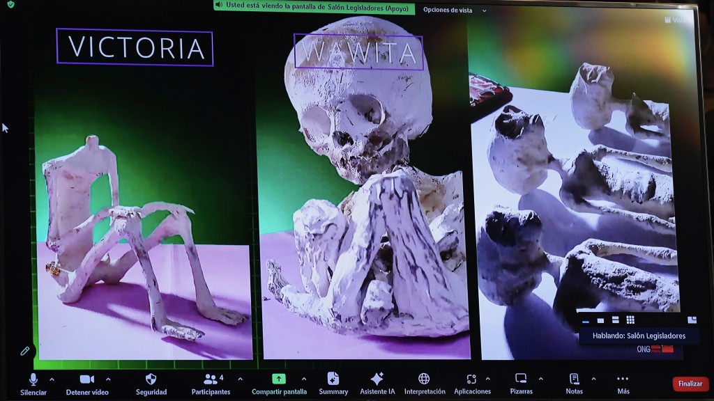 畫面展示莫桑聲稱的「非人類」遺骸。 美聯社