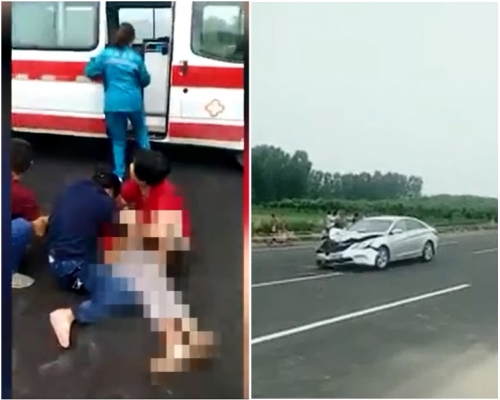 私家車車頭凹陷，受傷兒童卧在地上待救。網圖