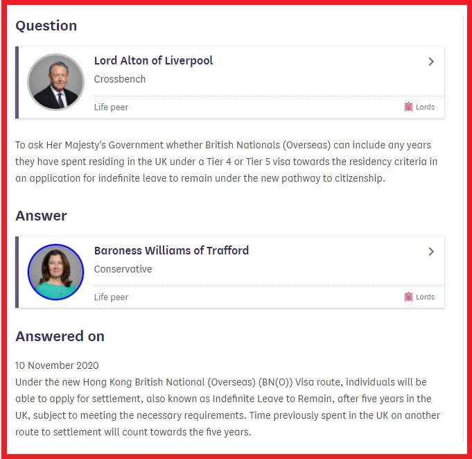 對於英國內政部上議院部長威廉姆斯女男爵的回覆，外界有不同解讀。