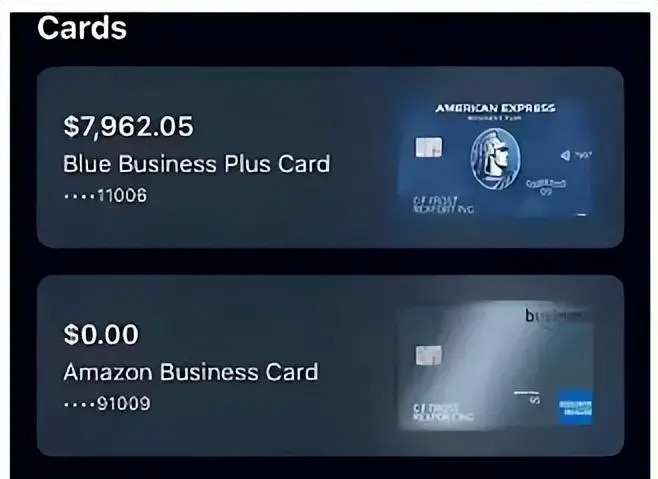 根据该名留学生上传的截图，其中一张信用卡为美国运通商务卡Blue Business Plus Card