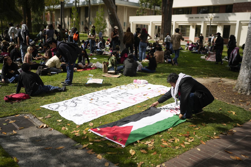 加州大学洛杉矶分校(UCLA)学生举行挺巴人示威，展示巴勒斯坦旗帜。美联社