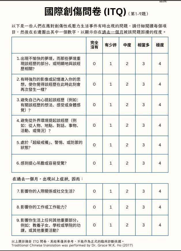 第3頁是國際創傷問卷 。 第3頁是國際創傷問卷 。