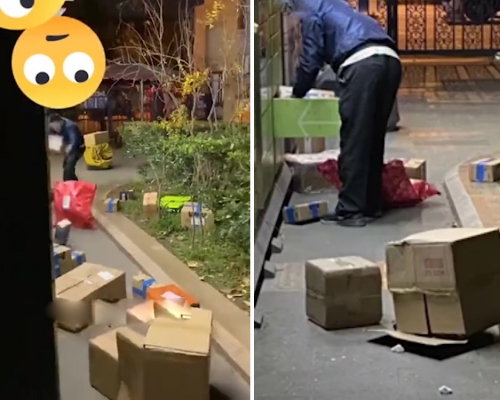 快遞員暴力掟包裹落地被拍下，現場包裹散落一地。