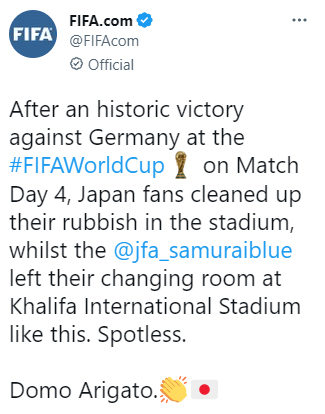  FIFA Twitter發帖讚揚日本隊。Twitter圖