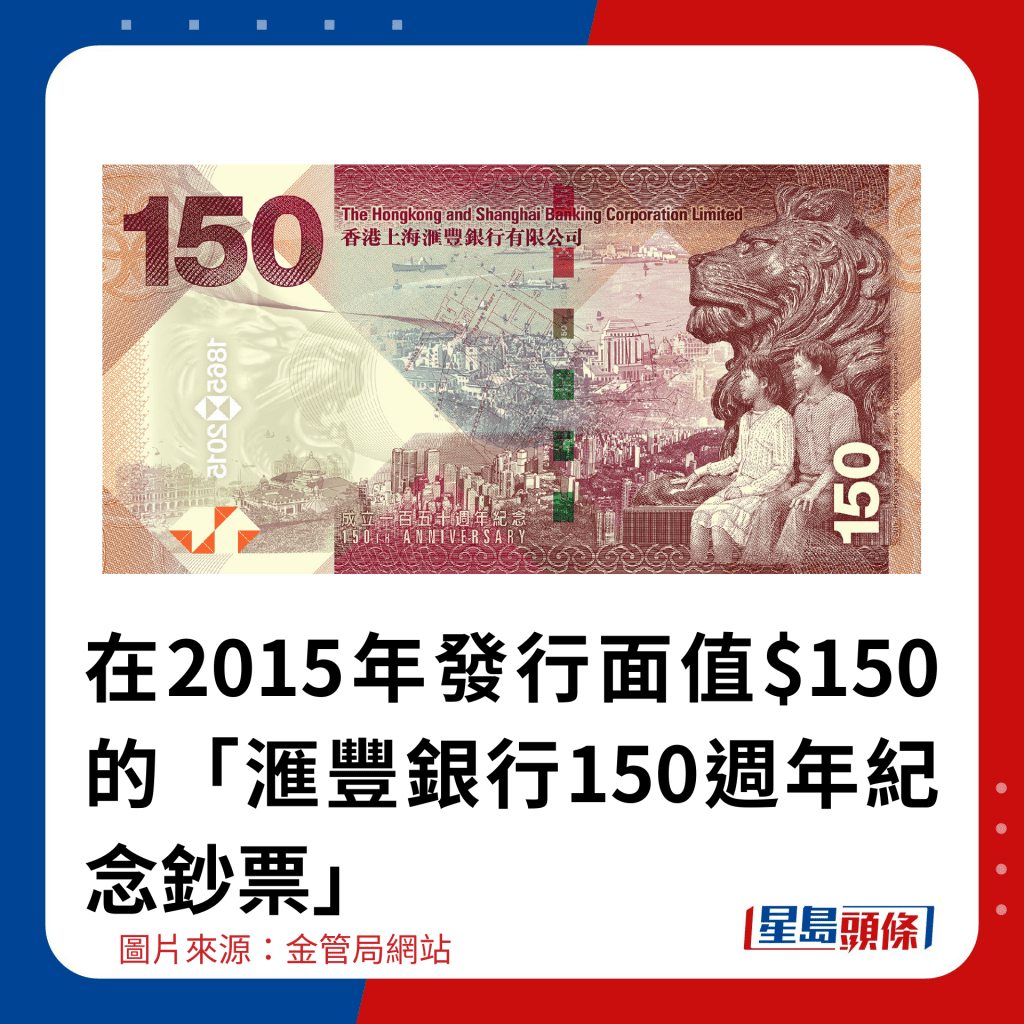 在2015年發行面值$150的「滙豐銀行150週年紀念鈔票」